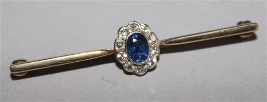 An early 20th century sapphire and diamond cluster bar brooch, 2in.